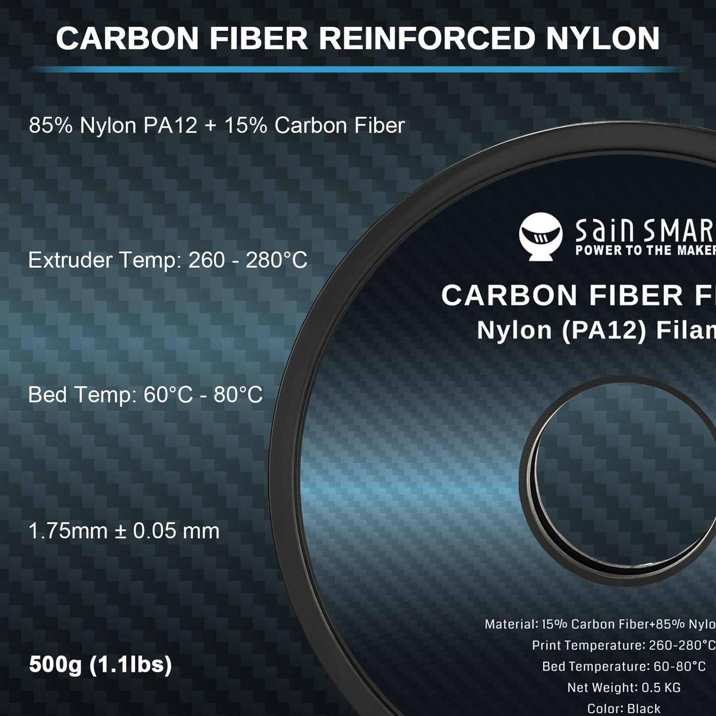 ePA12-CF filament spool detail showing carbon fiber texture