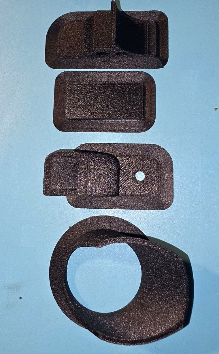 Elegoo PAHT-CF 3D printed mechanical latch components and ring mount - dark brown matte finish