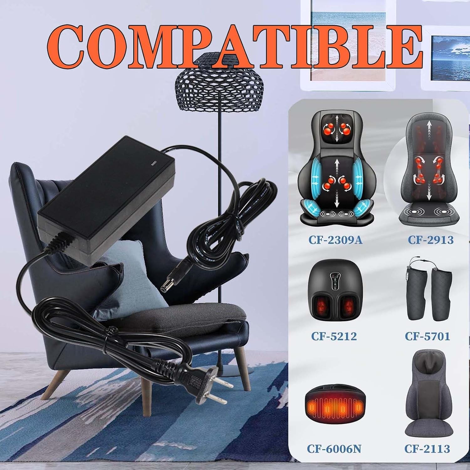 12V Power Cord Compatible for Snailax, for Snailax,Nekteck,Comfier Back/Foot Massager(Cf-6006N,Cf-2309A,Cf-2307A,Cf-5212,Cf-5701,Cf-2206N),（6.5Ft） 12V 4Acharger Massager